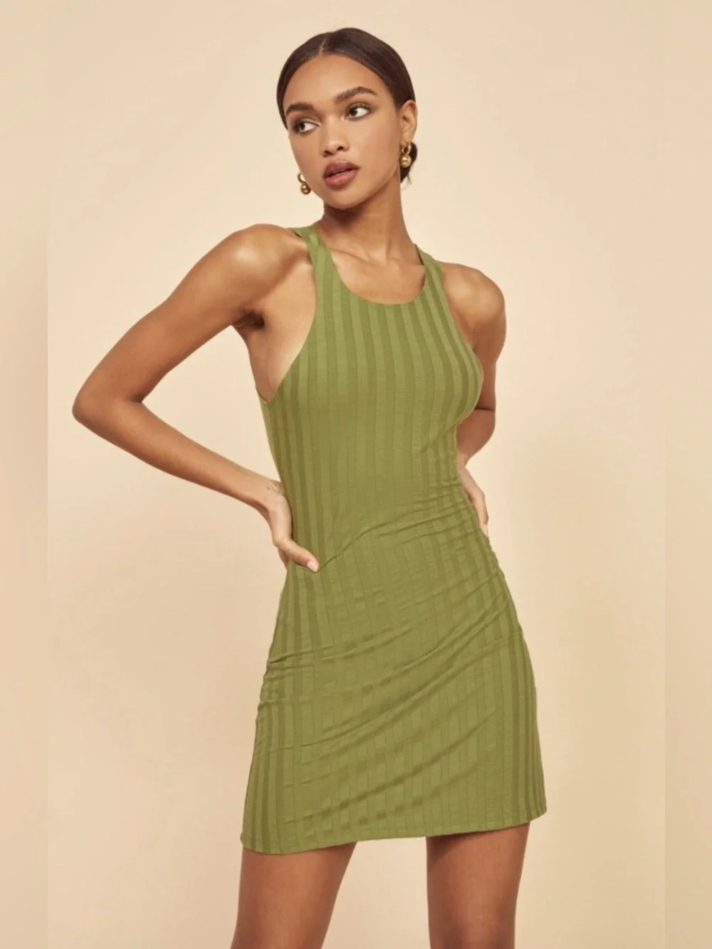 Reformation Mel Ribbed Tank Dress in Chartreuse Green